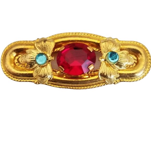 Czech Gold Tone Art Nouveau-style Red Prong Set Rhinestone Bar Brooch, M969 - Picture 1 of 8